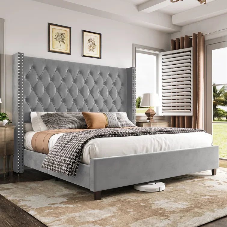Wooden Empiro Royal High Back Solid Wood Bed Frame Upholstered Bed, Without Storage
