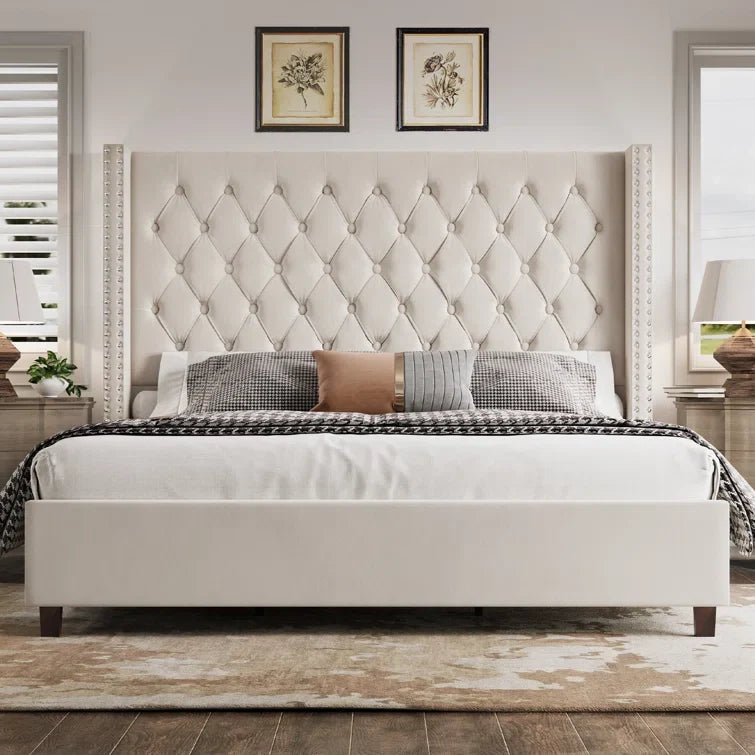 Wooden Empiro Royal High Back Solid Wood Bed Frame Upholstered Bed, Without Storage