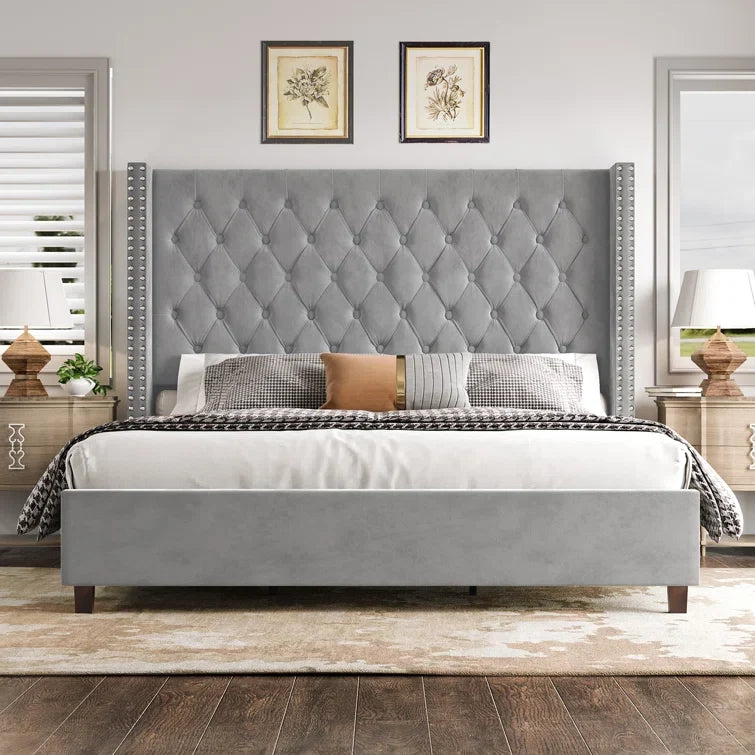 Wooden Empiro Royal High Back Solid Wood Bed Frame Upholstered Bed, Without Storage