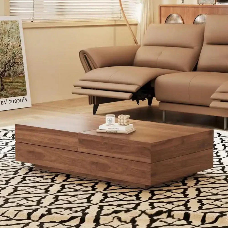 Modern Walnut Rectangular Coffee Table with Sliding Top and Hidden Storage, Elegant Living Room Furniture
