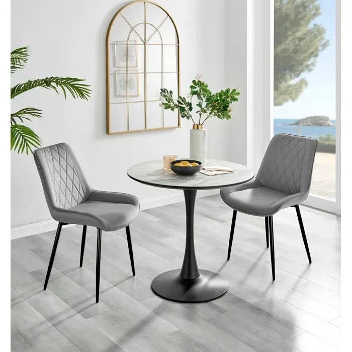 Round Dining Table with White Marble Finish & 2 Plush Velvet Chairs