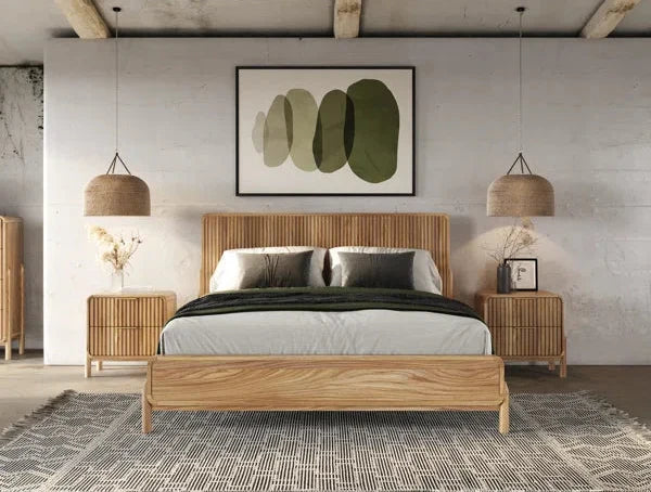 Wooden Empiro "Modern Scandinavian Solid Wood Platform Bed with Slatted Headboard and Neutral Design"