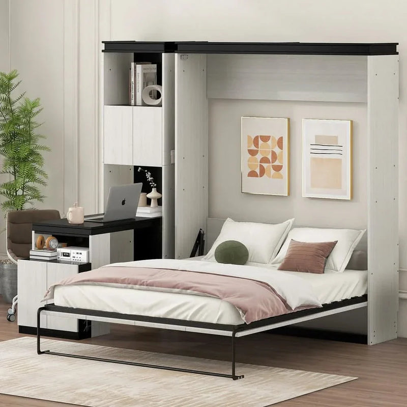 Foliding Wall Bed Full Murphy Bed Frame w/ Desk, Cabinets & Storage Shelves