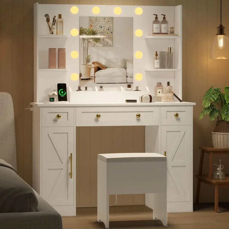 Vanity with Mirror and Stool Set with Lights