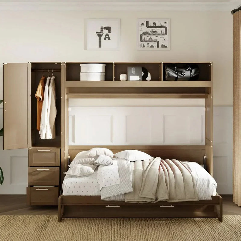 Laord Antique Gray Murphy Bed Cabinet Wallbed Full Size Folded Platform Bed