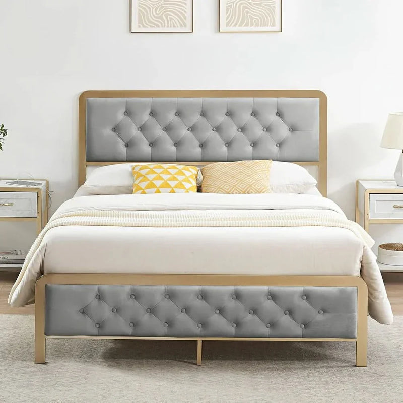 Velvet Upholstered Platform Bed with Button Tufted Headboard