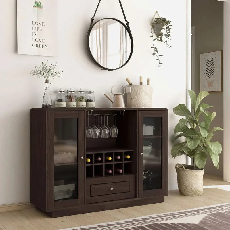 Rufiz Rustic Espresso 6-shelf Dining Buffet with Wine Rack - Wooden Empiro