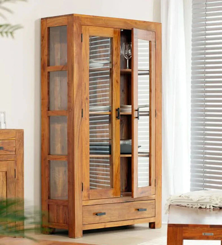 Solid Sheesham Wood Display Cabinet with Glass Doors & Bottom Drawer - Craft Decor