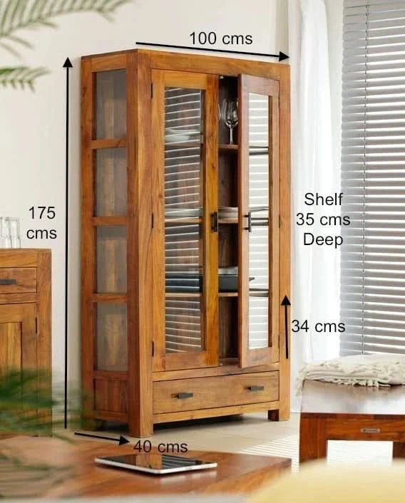 Solid Sheesham Wood Display Cabinet with Glass Doors & Bottom Drawer - Craft Decor