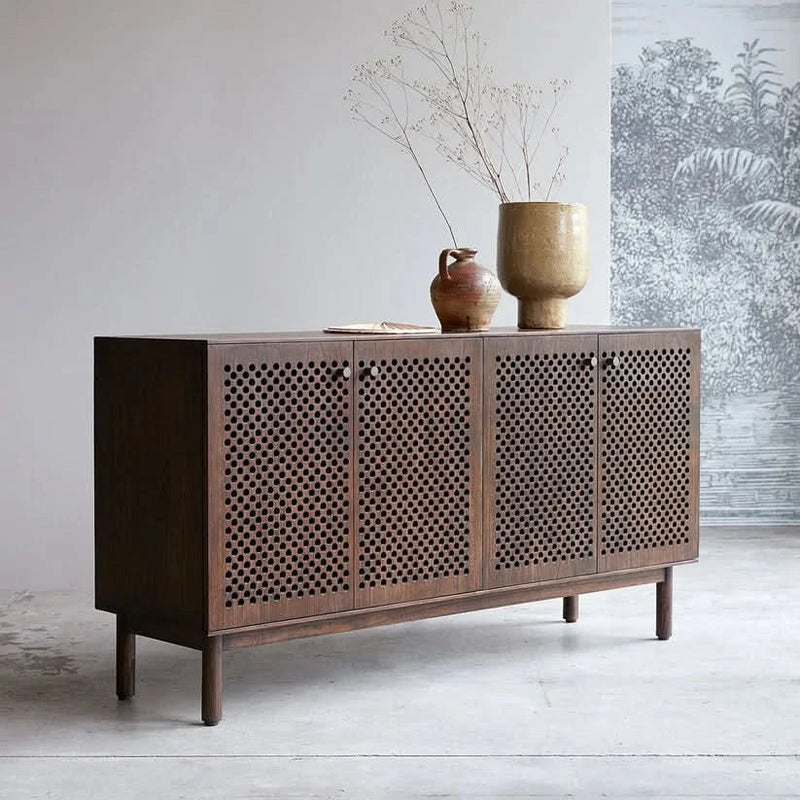 Tivik Mid-Century Modern Solid Wood Sideboard with Perforated Shutter Design