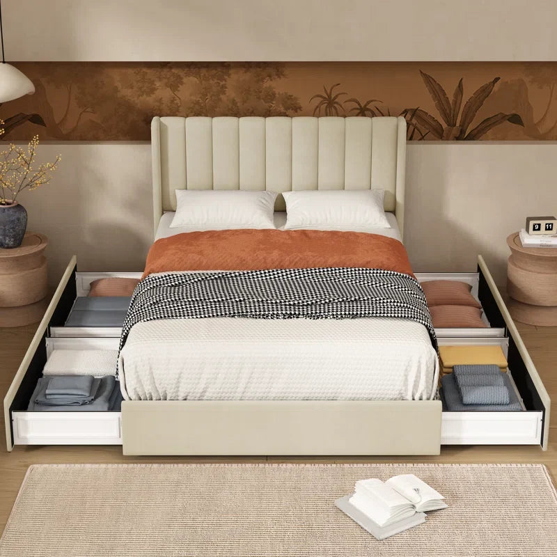 Wooden Empiro Solid Wood Bed Frame Upholstered Bed With Drawer Storage