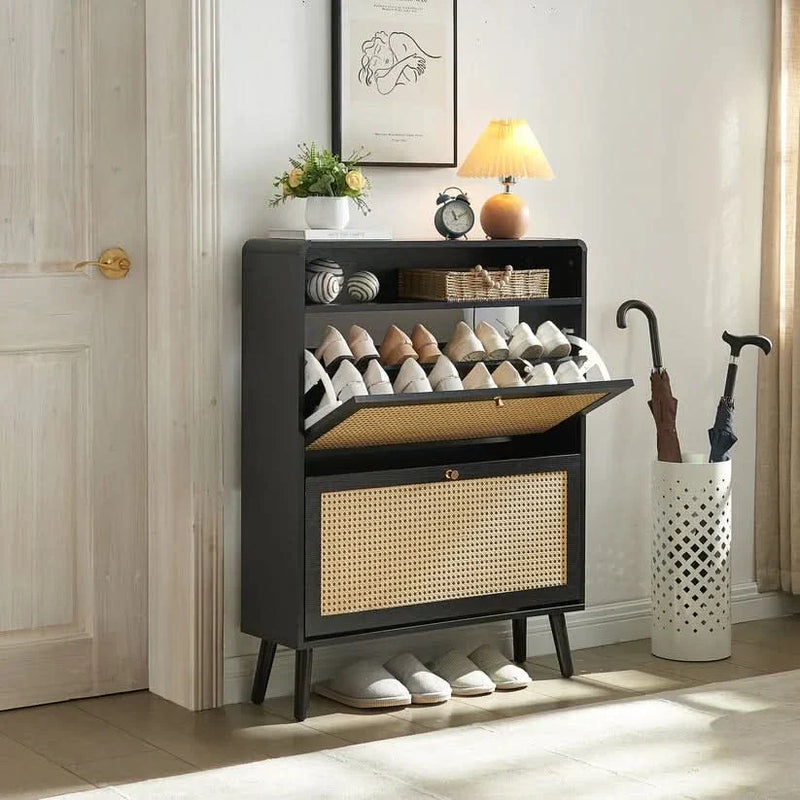 Modern Wooden Shoe Storage Cabinet with Rattan Front & Flip-Down Drawers