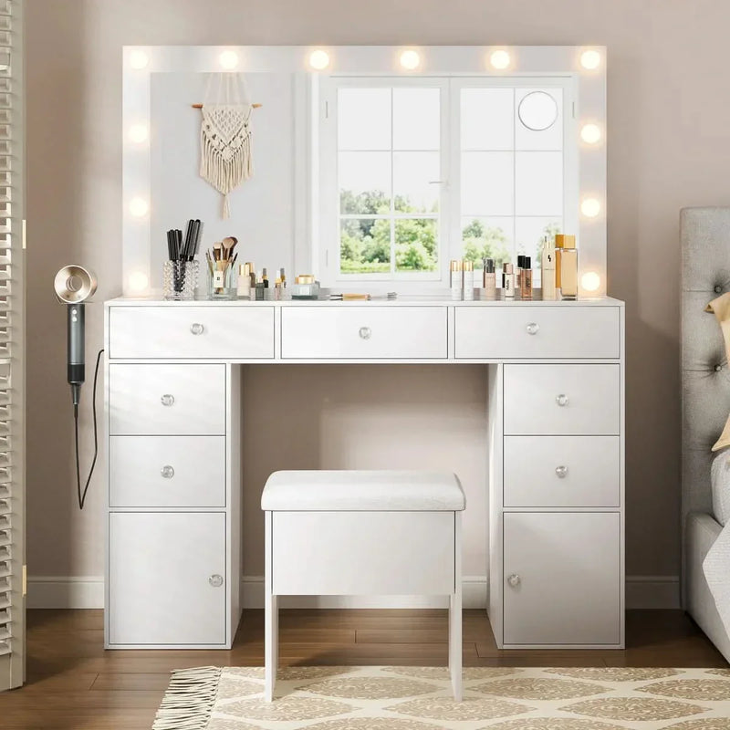 Large White Vanity Set With Led Lights, Storage Stool, Usb Outlet & Glass Top