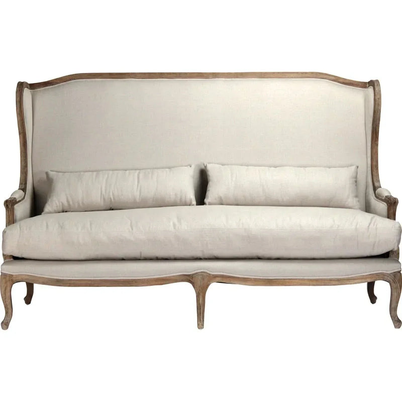Upholstered Sofa with Carved Wood Frame – Vintage Linen Elegance