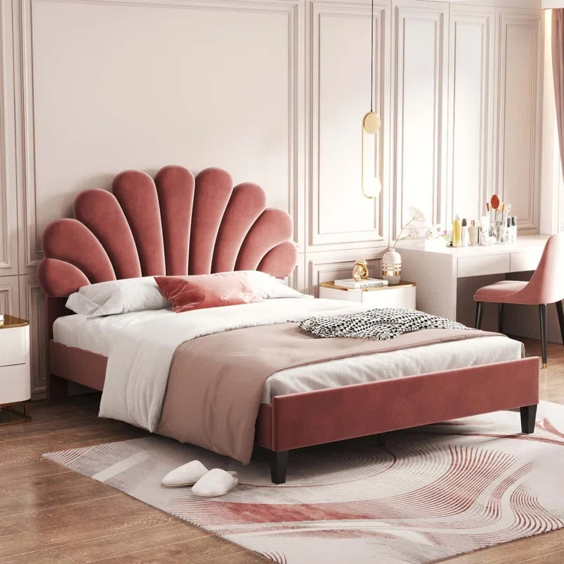 Wooden Empiro Upholstered Upholstered Panel Flower Design Bed Frame with Velvet Headboard, Without Storage