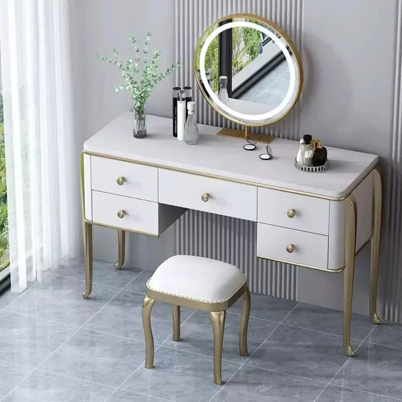 Elegant White & Gold Vanity Set with Curved-Leg Stool