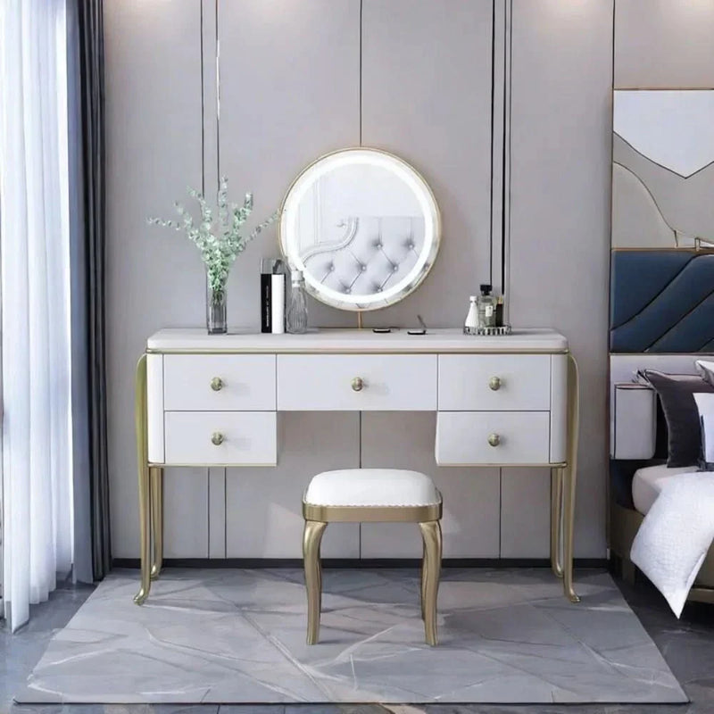 Elegant White & Gold Vanity Set with Curved-Leg Stool