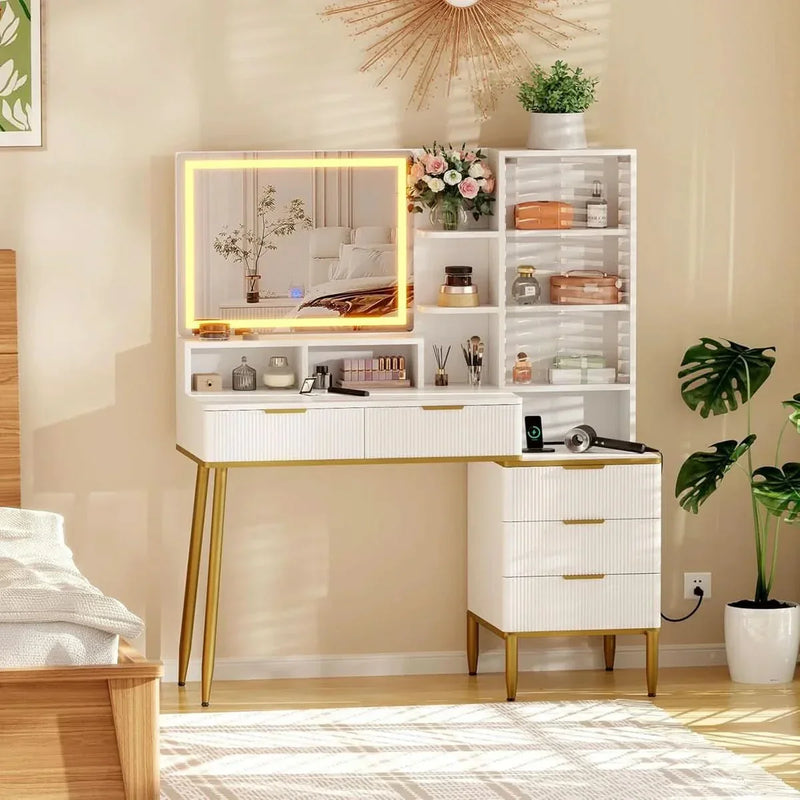 Makeup Vanity Desk, HD Lighted Mirror & Power Outlet