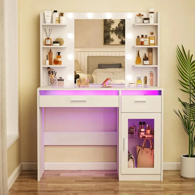 Makeup Vanity Desk With Lights, See-through Desktop, Power Outlet
