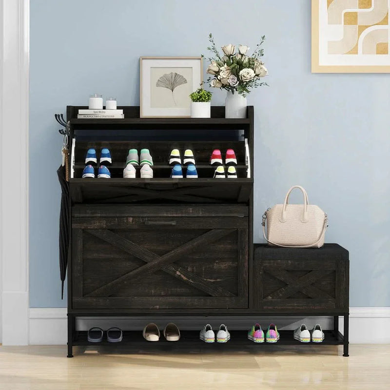 Farmhouse Shoe Storage Cabinet with 2 Flip Drawers for 16 Pairs Entryway Shoe Storage with Shoe Bench