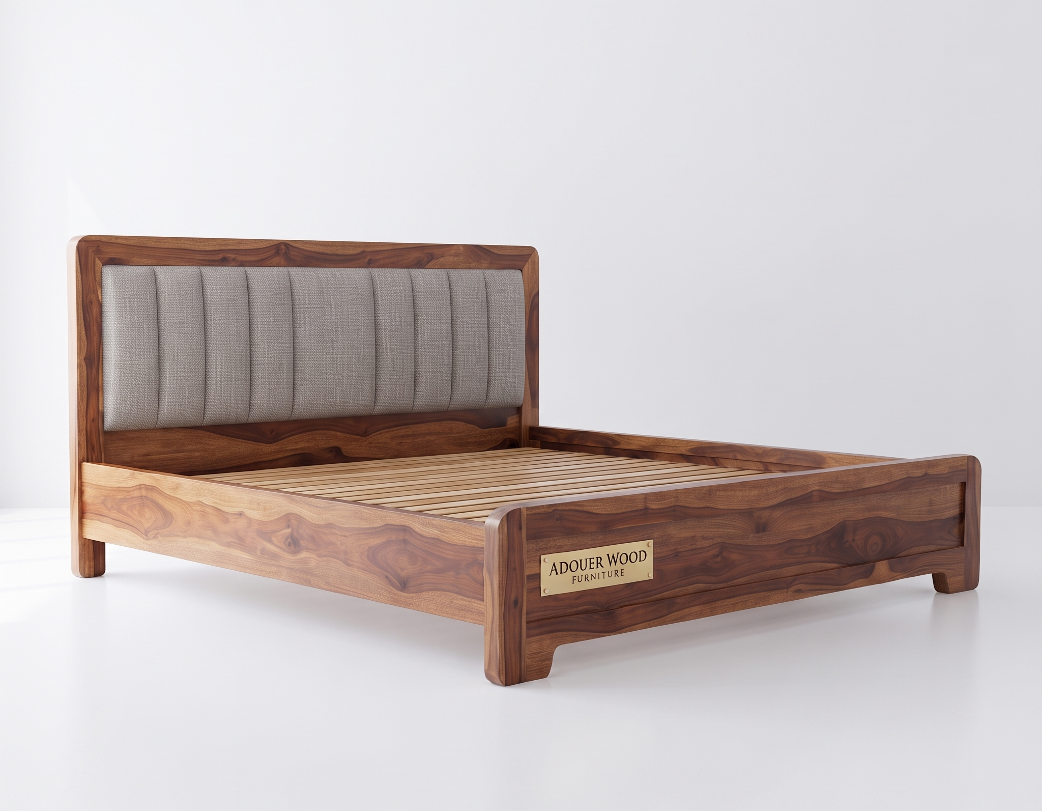 Wooden Empiro Modern Wooden Bed Frame with Gray Fabric Tufted Headboard & Wood Slats