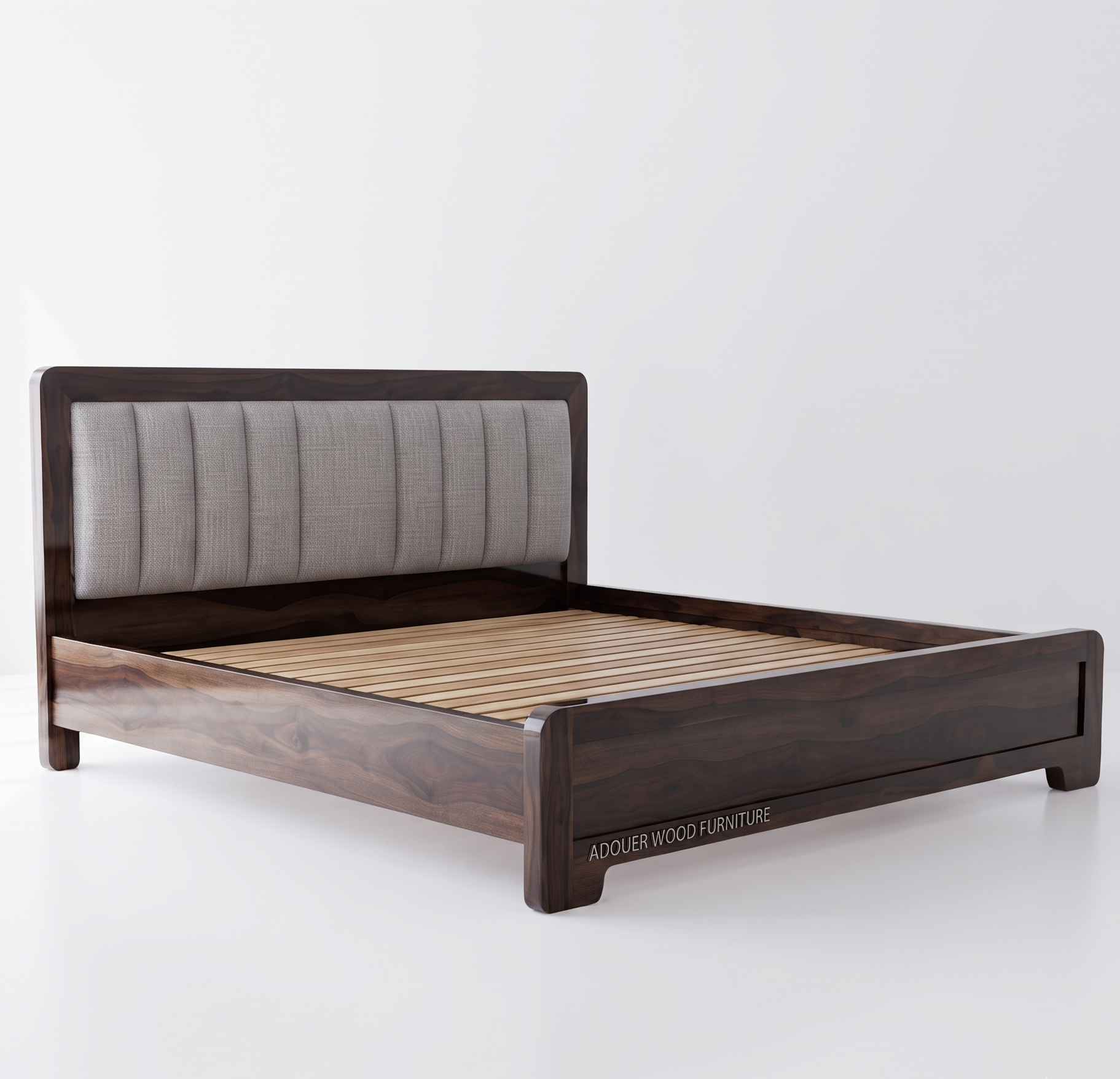 Wooden Empiro Modern Wooden Bed Frame with Gray Fabric Tufted Headboard & Wood Slats