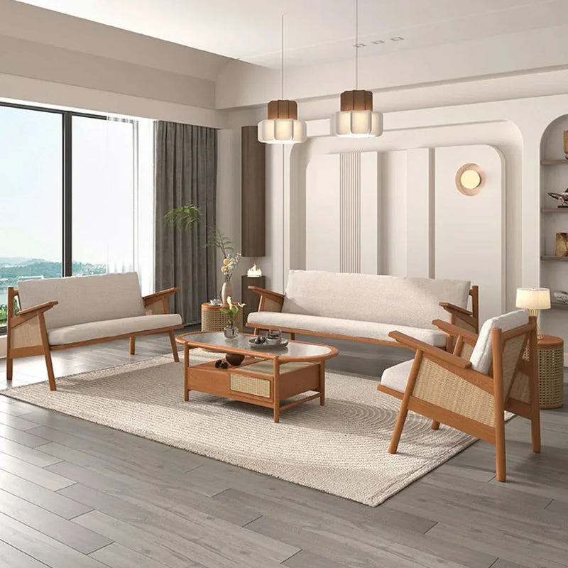 Modern retro solid wood rattan woven sofa set