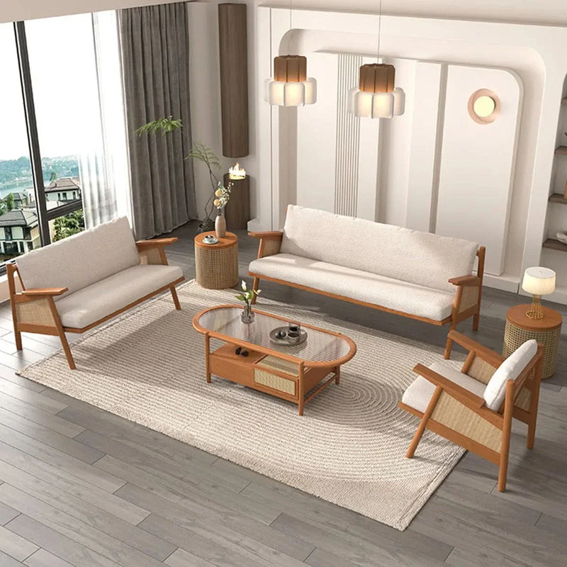 Modern retro solid wood rattan woven sofa set