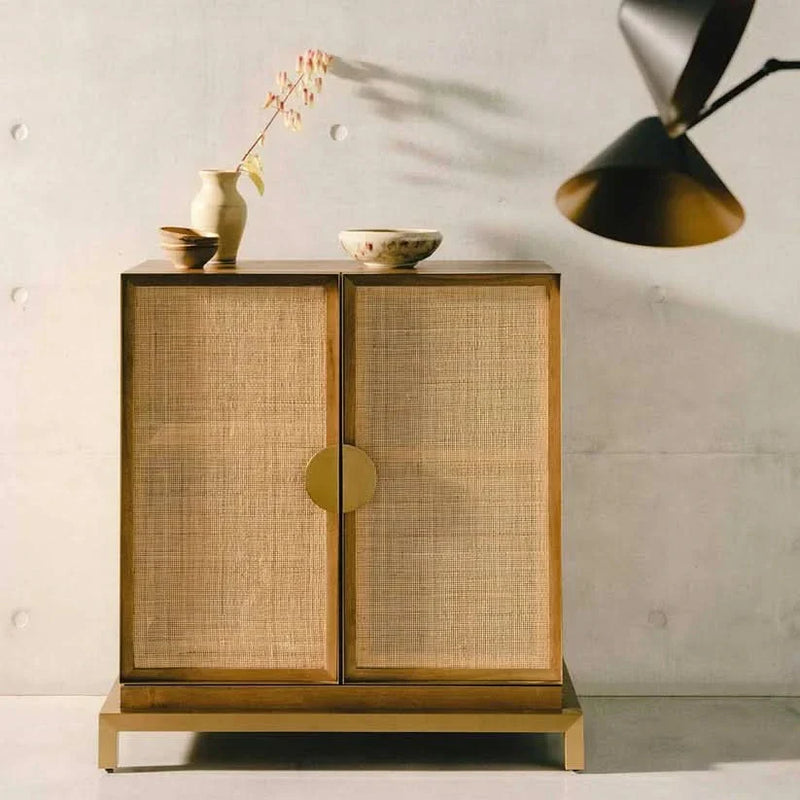 Eilly Mid-Century Modern Wooden Sideboard Cabinet with Cane Woven Doors and Brass Base