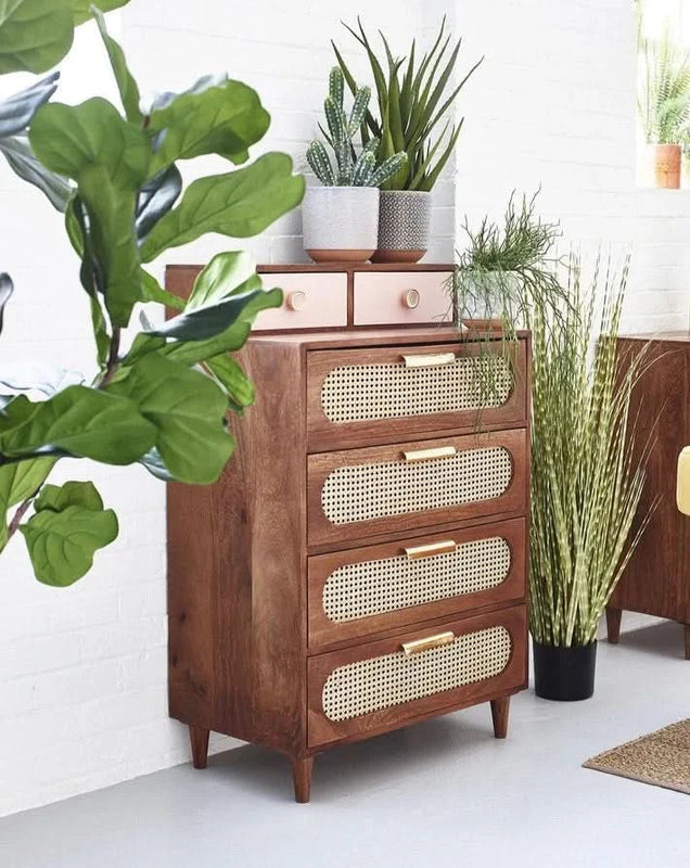 Kingy Rattan Solid Wood Tall Chest of Drawer - Wooden Empiro