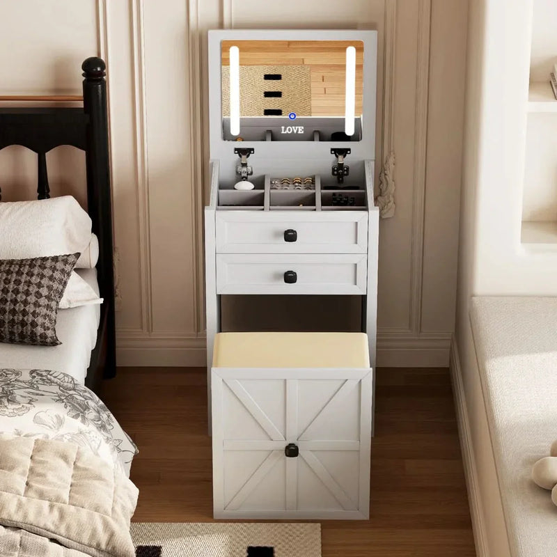 Compact Vanity Set with LED Mirror, Storage Drawers & Cushioned Stool