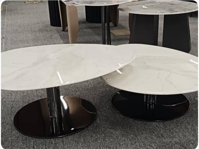 Modern Oval Marble-Top Nesting Coffee Table Set with Black Pedestal Base