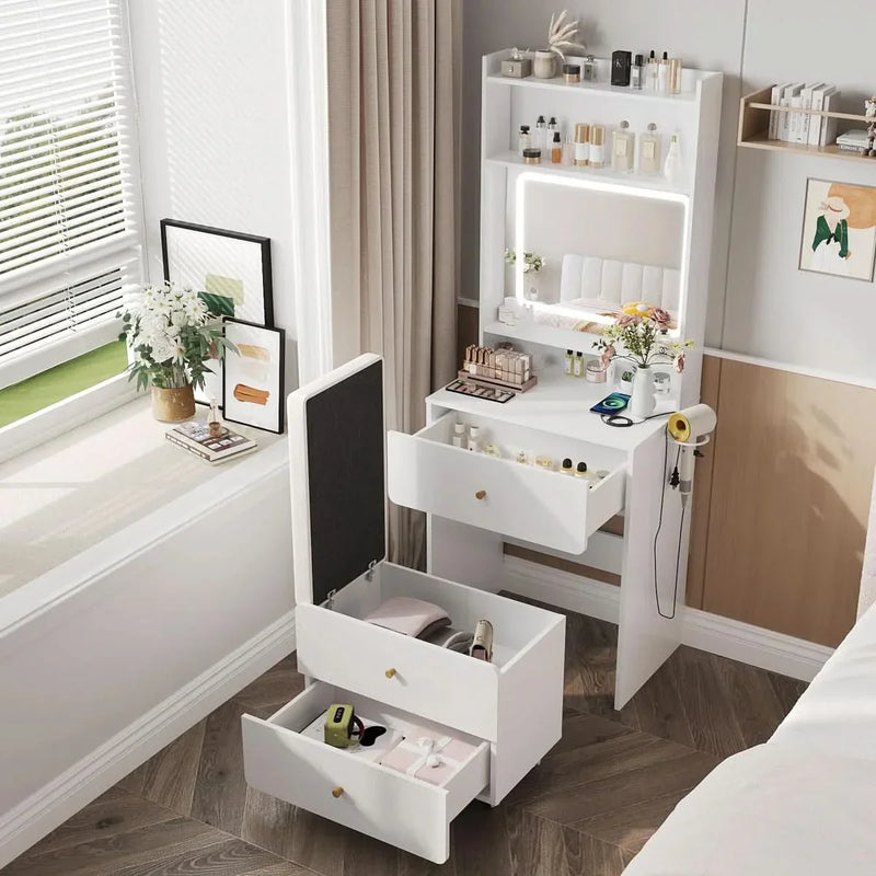 Mini Vanity Desk with 3-Panel Mirror and Adjustable Lighting