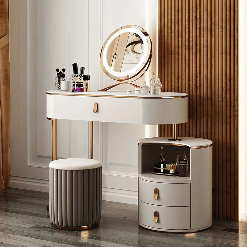 Modern Makeup Desk with Storage Drawers and Upholstered Stool