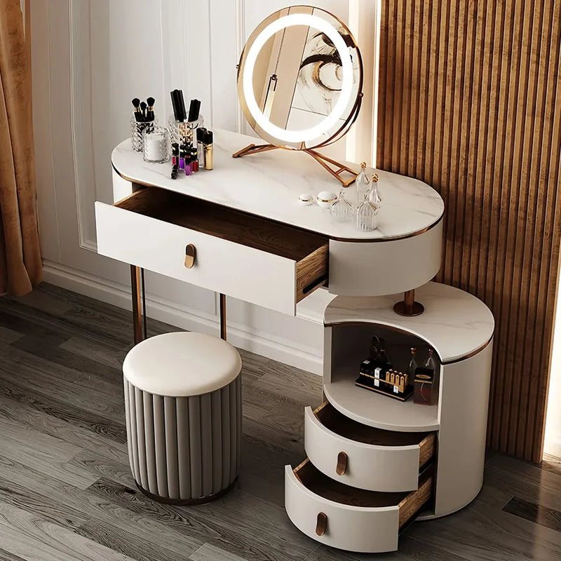 Modern Makeup Desk with Storage Drawers and Upholstered Stool