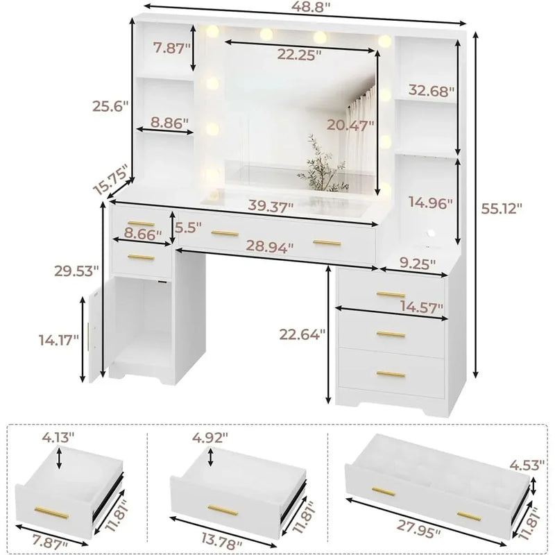 Modern White Vanity Desk with Lighted Mirror, Shelves & Gold Handles