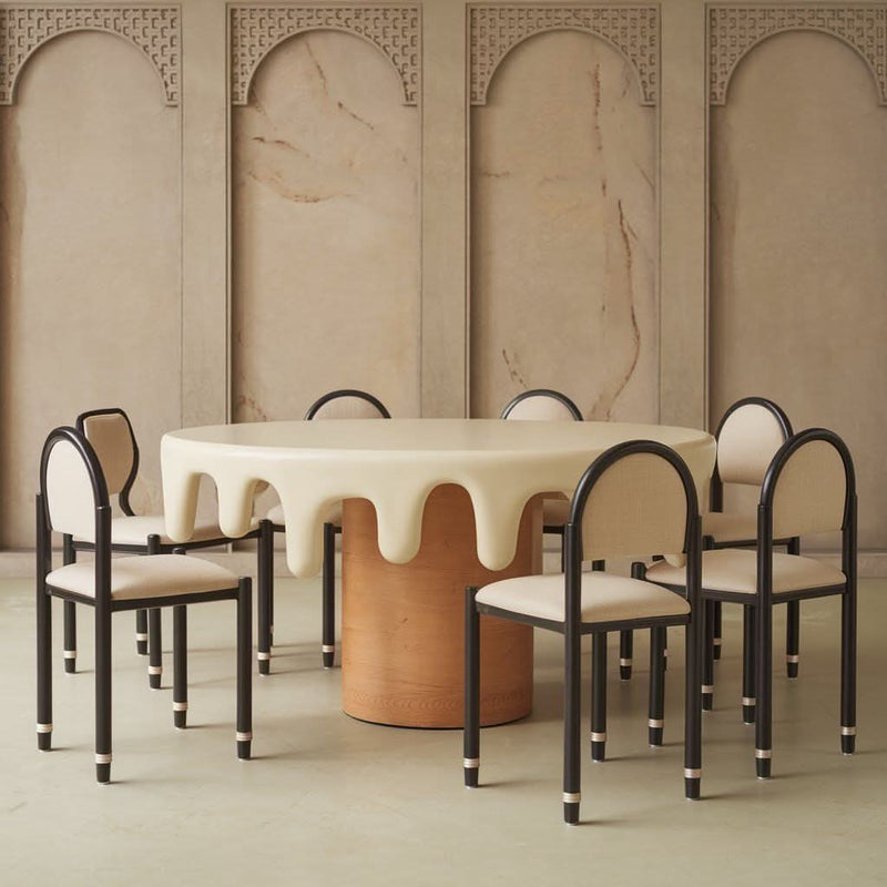 Giggly Cream Drip Designer Dining Set with Round Table and 6 Modern Arch Chairs