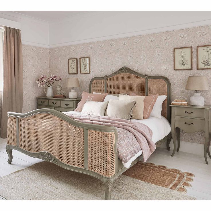 Handcrafted French Cane Wooden Bed with Vintage Curved Headboard Design for Luxury Bedrooms