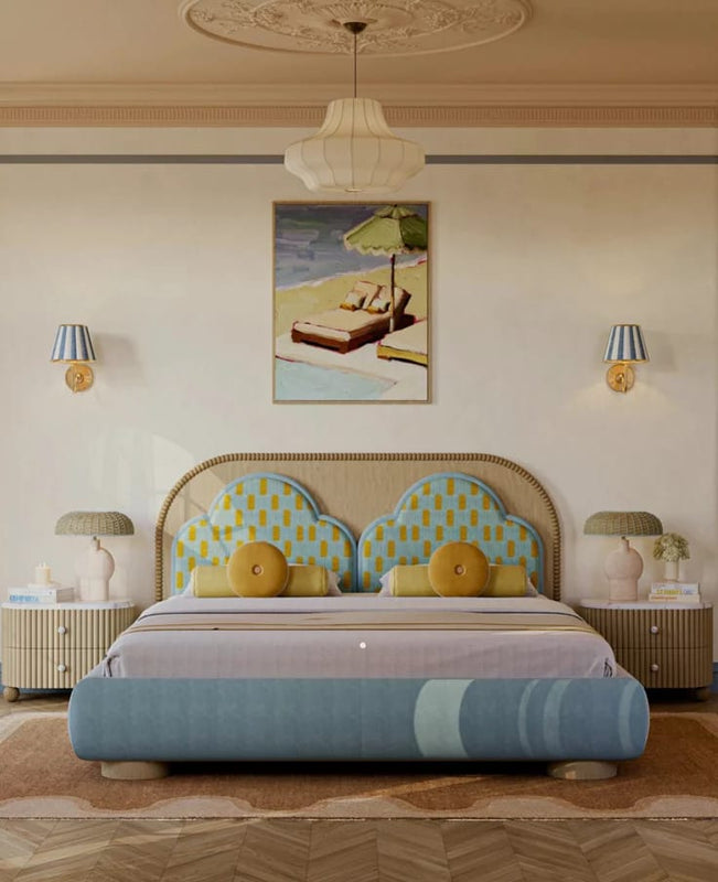 Artistic Double Arch Designer Bed with Colorful Upholstery and Luxury Statement Styling
