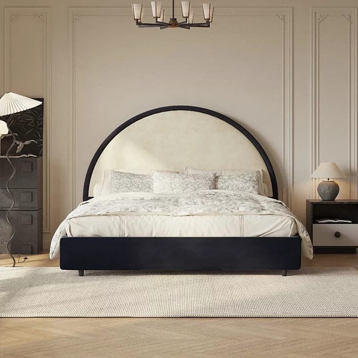 Contemporary Arch Upholstered Platform Bed with Soft Cream Fabric and Minimal Design