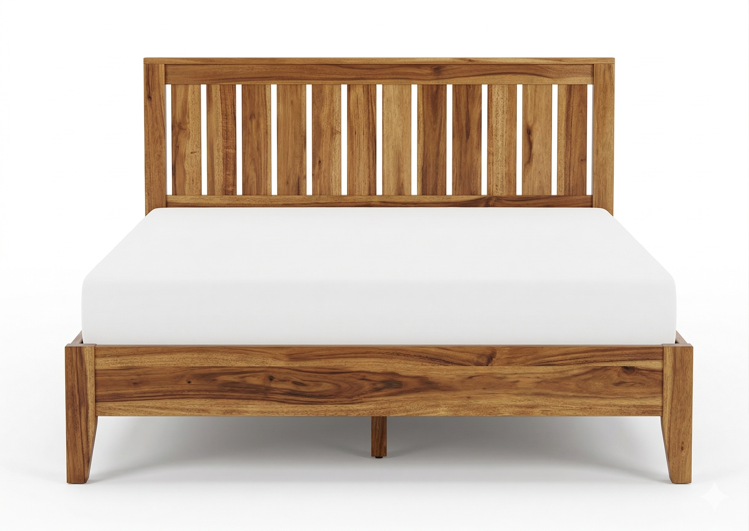Wooden bed frame with a white mattress on a white background
