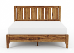 Wooden bed frame with a white mattress on a white background