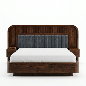 Wooden bed with gray upholstered headboard on a white background