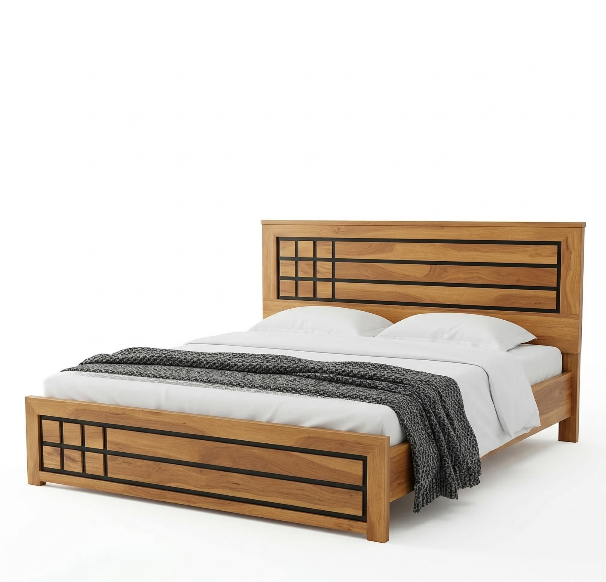 Wooden bed with a headboard and footboard on a white background