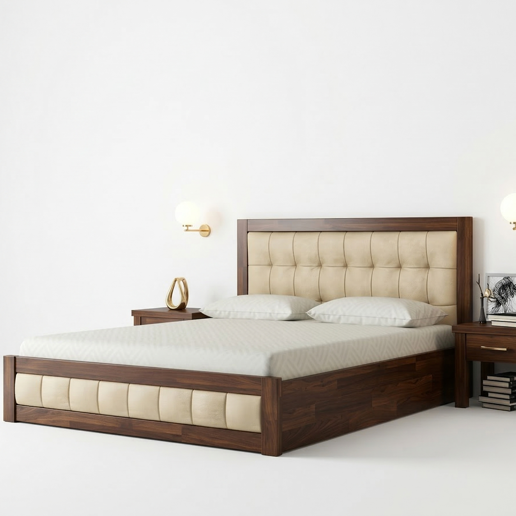 Wooden bed with tufted headboard and footboard against a white wall.