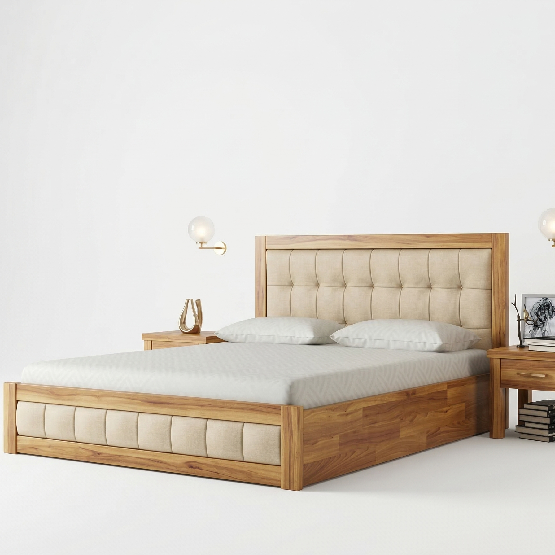 Wooden bed with upholstered headboard and footboard in a minimalistic bedroom setting.