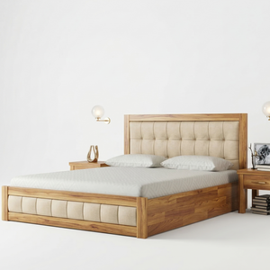 Wooden bed with upholstered headboard and footboard in a minimalistic bedroom setting.