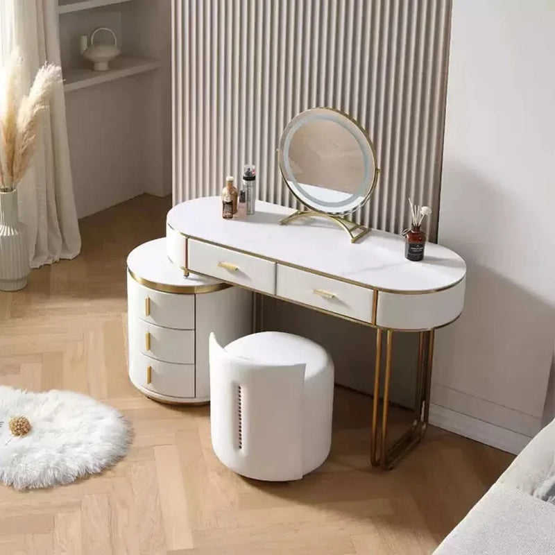 Elegant White Vanity Table with Gold Accents, Matching Stool