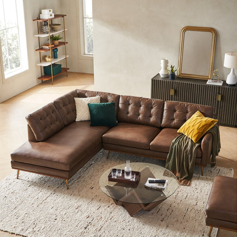 Lasha Leather Tan Chaise Sectional Sofa