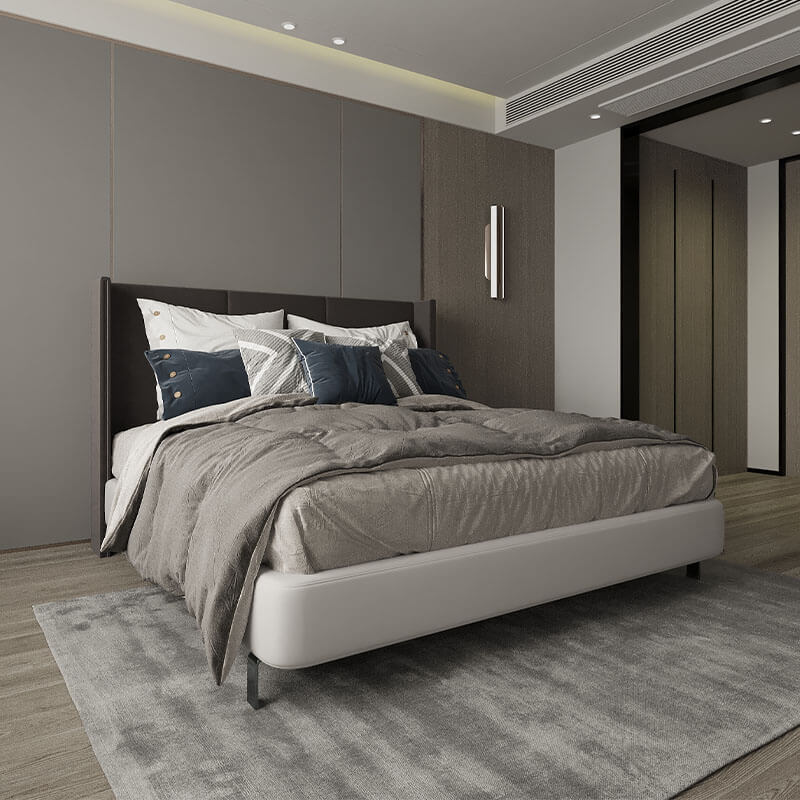 Grey Upholstered King-Size Bed With Solid Black Headboard